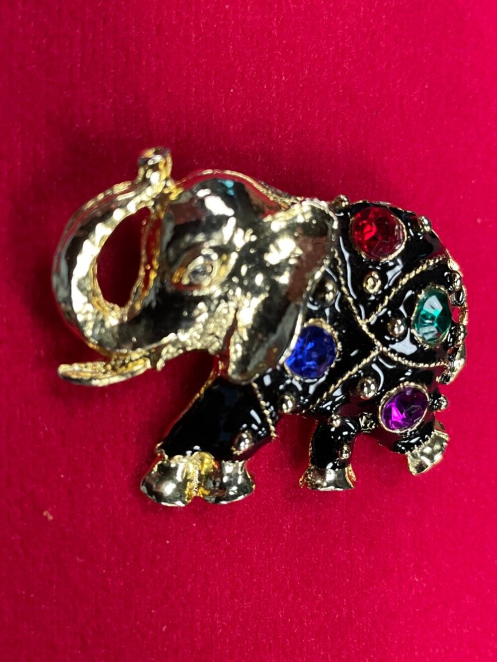 Vintage Black Enamel Jeweled Elephant Brooch Pin Multicolor Rhinestone Gold